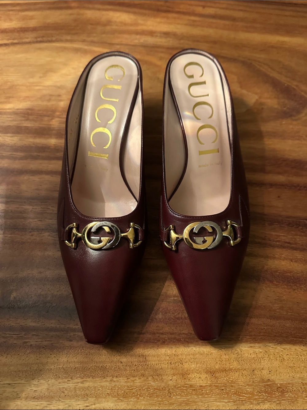 Gucci Burgundy Leather Kitten Heel Mules with Gold Hardware